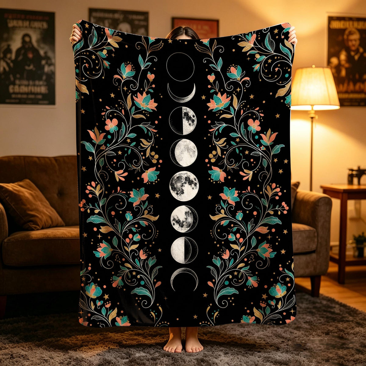 Moon Phase Flannel Blanket, Boho Celestial Throw, Witchy Cozy Blanket, Magical Home Decor, Cottagecore Gift, Soft Fall Throw