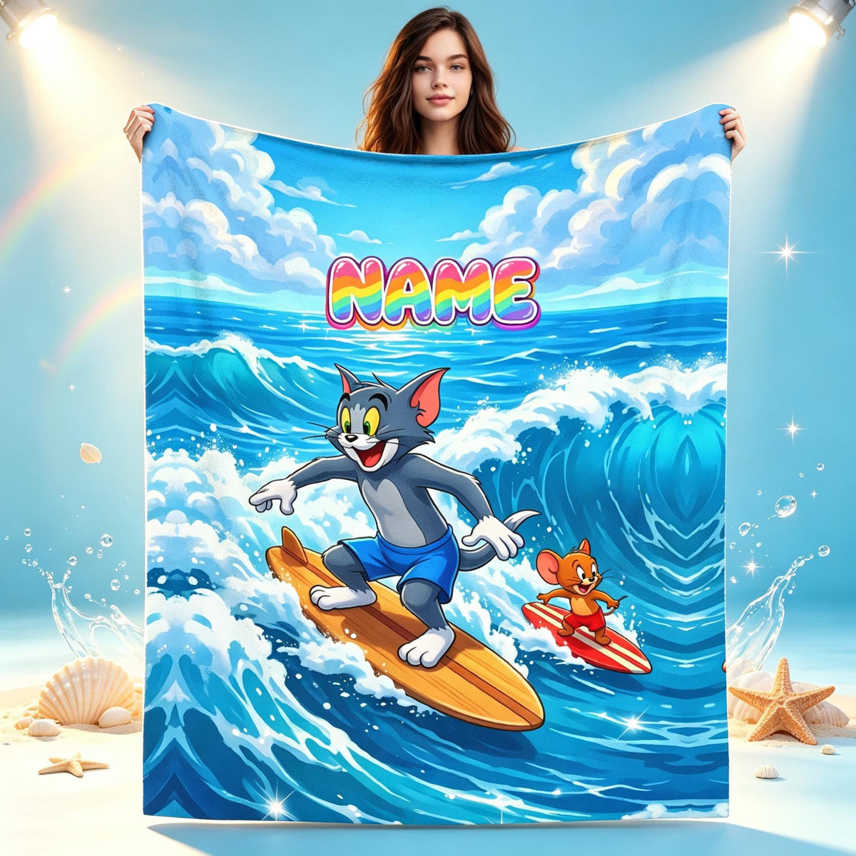 Personalized Surfing Cat and Mouse Blanket, Custom Name Ocean Flannel Throw, Beach Cartoon Kids Blanket, Summer Birthday Gift