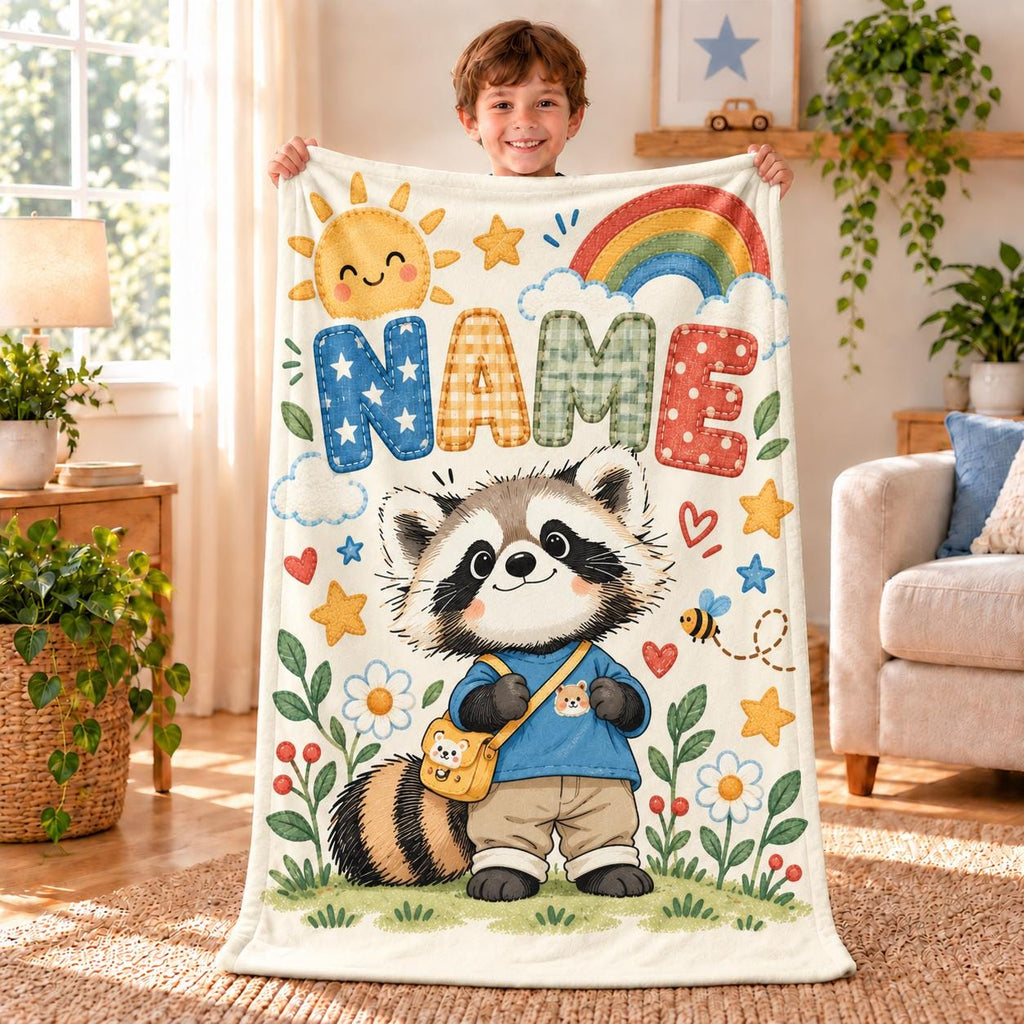 Personalized Cartoon Raccoon Blanket Soft Throw.Kids Trash Panda Room Decor.