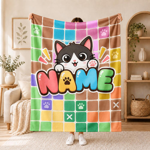Casual Game Lovers Custom Name Meowdoku Blanket Soft Throw.Colorful Grid Kawaii room Decor