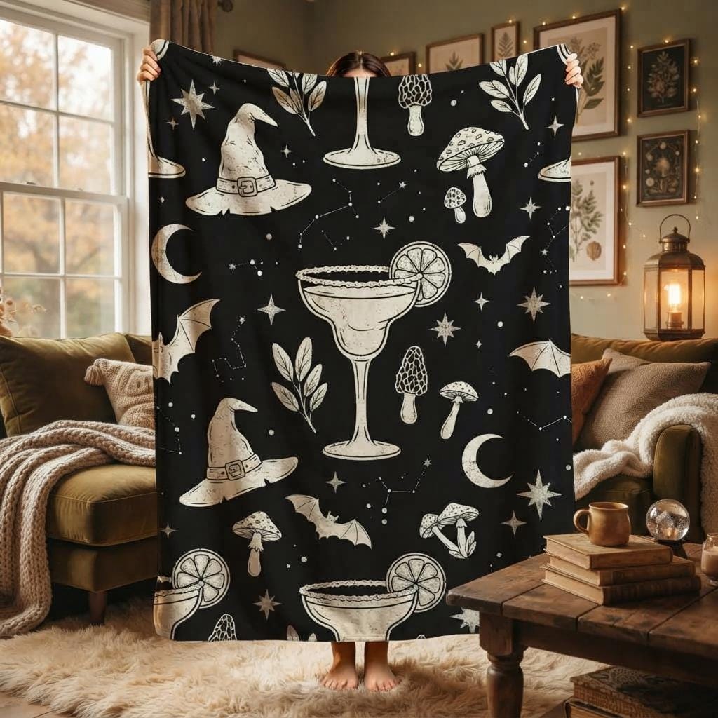 Midnight Margaritas Blanket, Cocktail Mushroom Throw, Black White Flannel, Cozy Halloween Decor, Gift for Witchy Lover