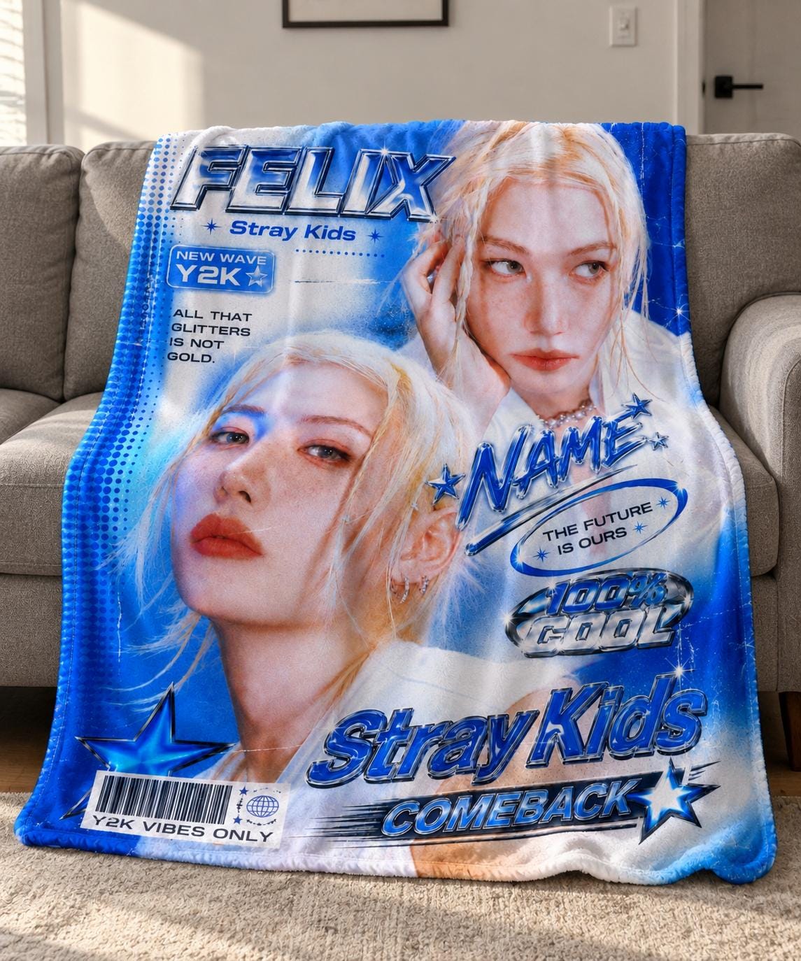 Y2K Stray Kids Felix Portrait Blanket, Personalized Name Kpop Throw (Blue)