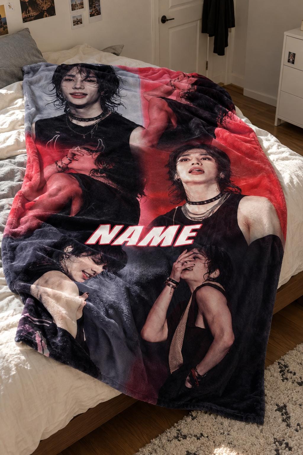 Personalized Hyunjin Stray Kids Blanket, Y2K Portrait Throw, Custom Name Kpop Decor
