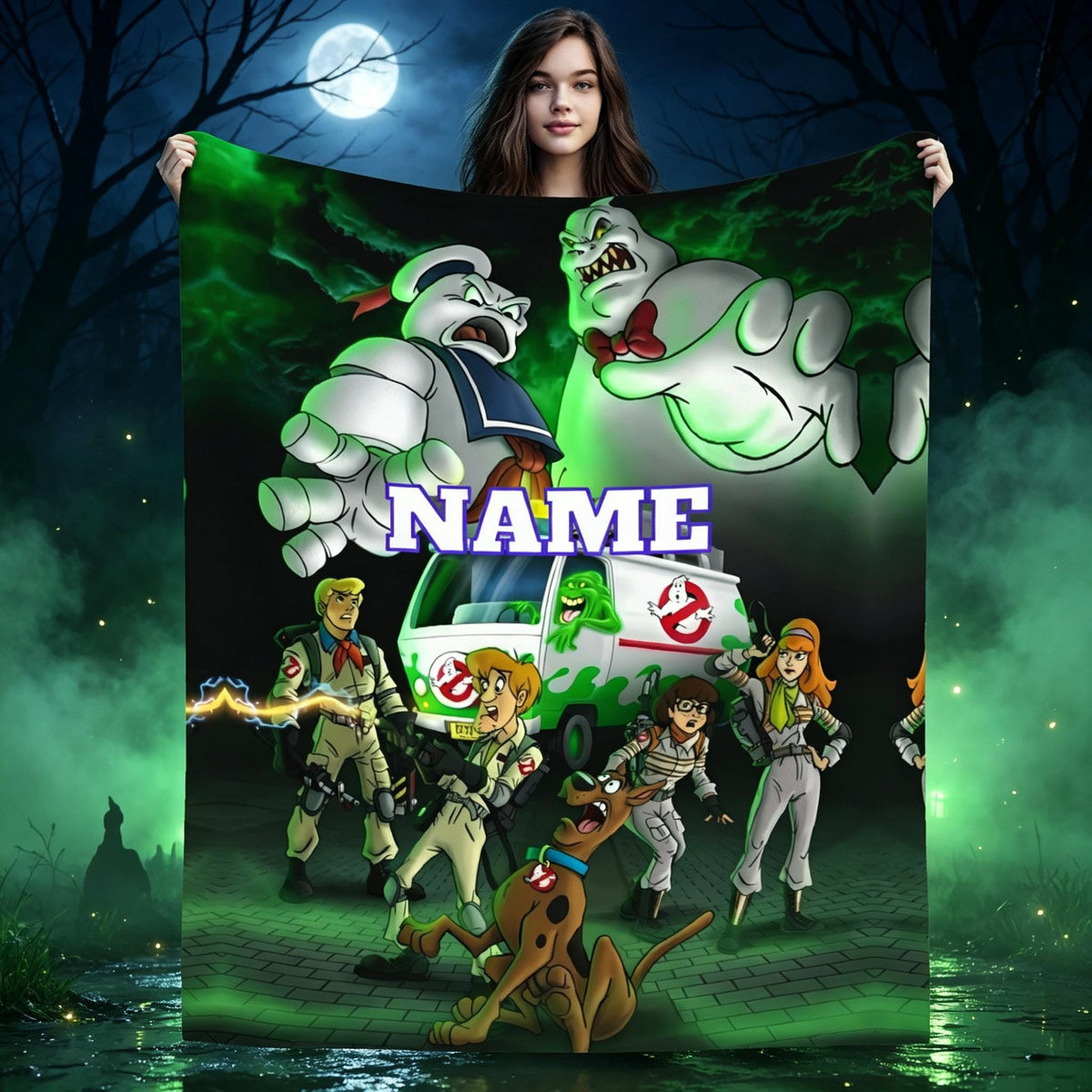 Personalized Mystery Dog Flannel Blanket, Custom Name Ghost Hunter Throw, Funny Cartoon Blanket, Cozy Gift for Kids and Teens