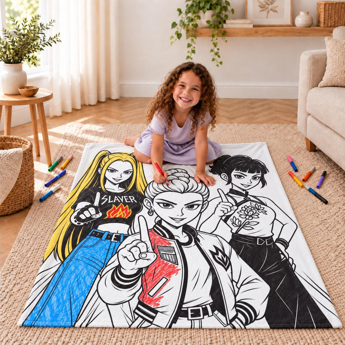 Personalized Kids DIY Coloring Blanket Soft Throw | Cartoon Line Art | Custom Art Activity Gift