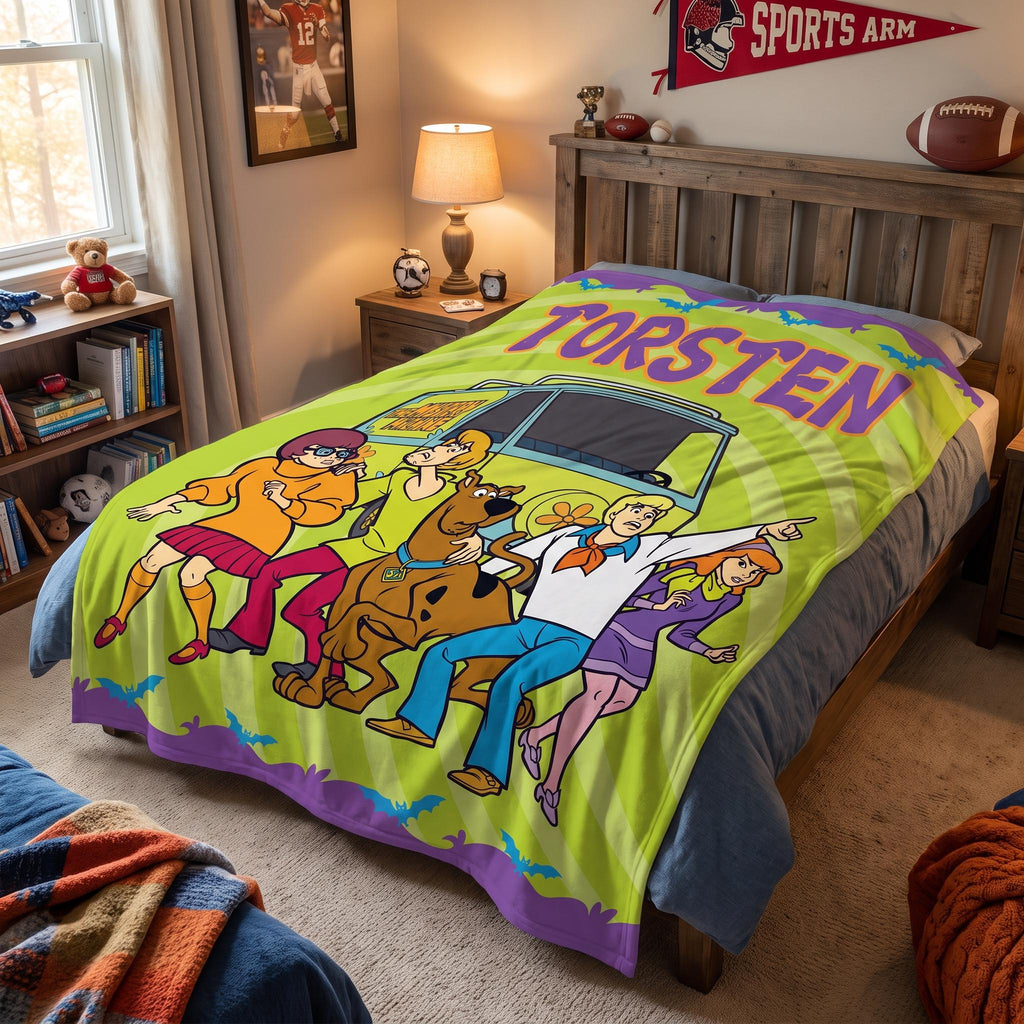 Personalized Custom Name Blanket, Retro Cartoon Mystery Throw, Groovy 70s Detective Gang, Spooky Dog & Van Gift for Kids, Nostalgic Decor