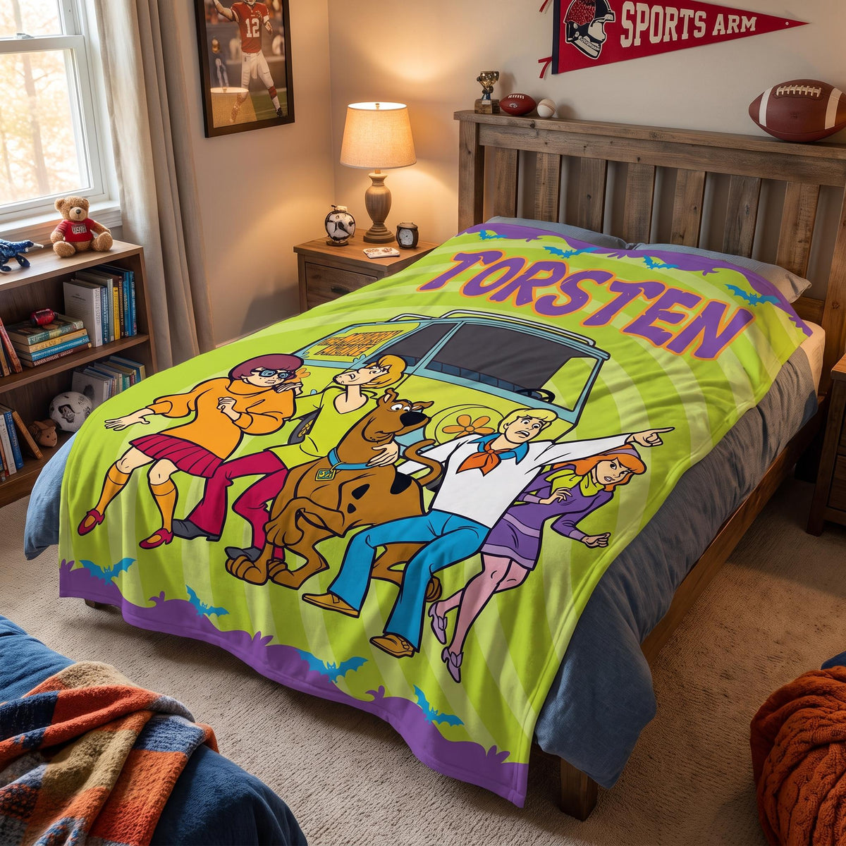 Personalized Custom Name Blanket, Retro Cartoon Mystery Throw, Groovy 70s Detective Gang, Spooky Dog & Van Gift for Kids, Nostalgic Decor
