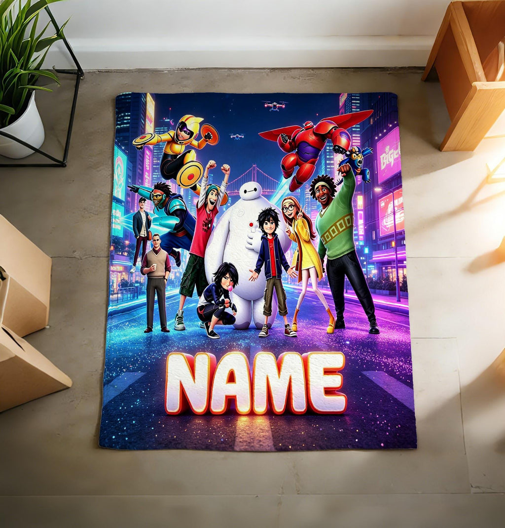Personalized Baymax Robot Fleece Blanket, Custom Name Throw, Cozy Kids Gift