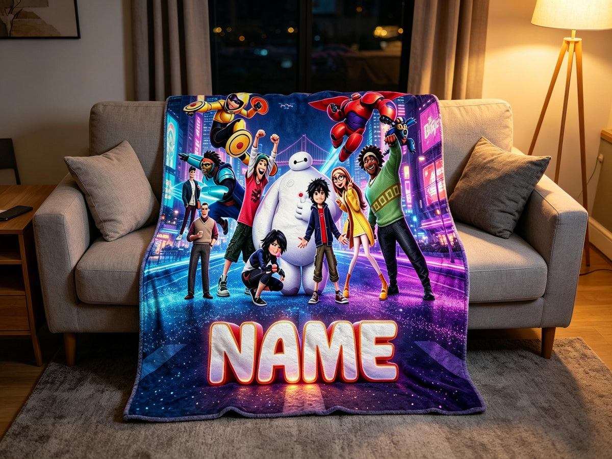 Personalized Baymax Robot Fleece Blanket, Custom Name Throw, Cozy Kids Gift