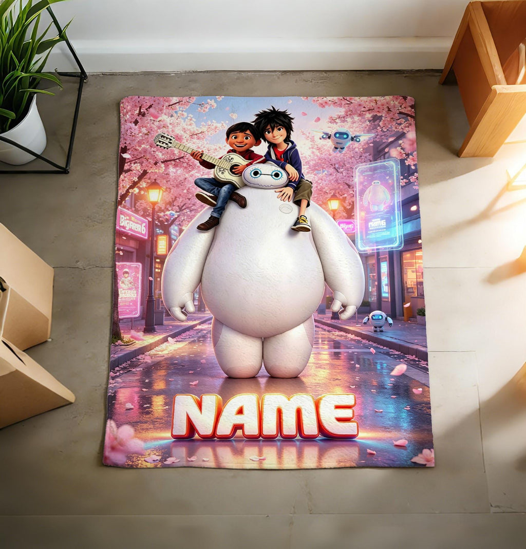 Personalized Baymax Robot Fleece Blanket, Custom Name Throw, Cozy Kids Gift