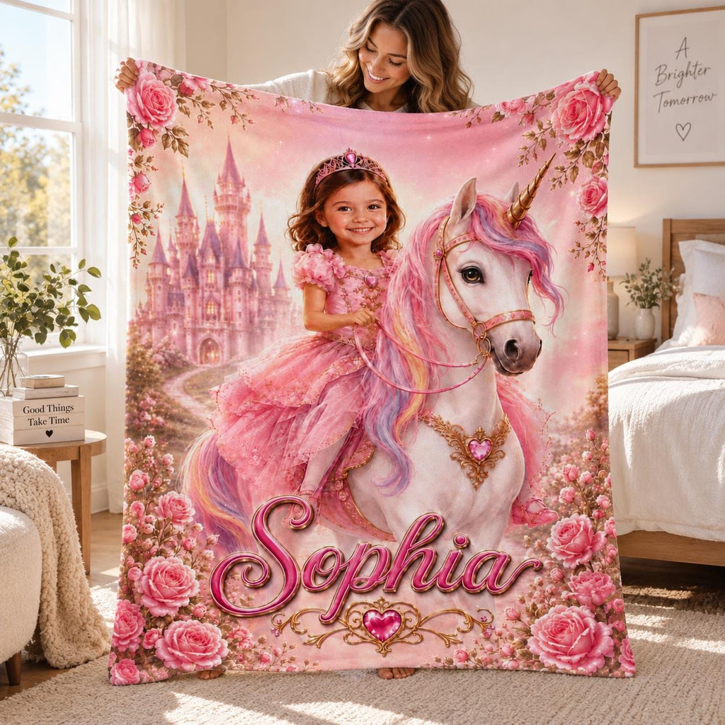 Personalized Princess Blanket, Unicorn Girls Gift, Custom Name Throw