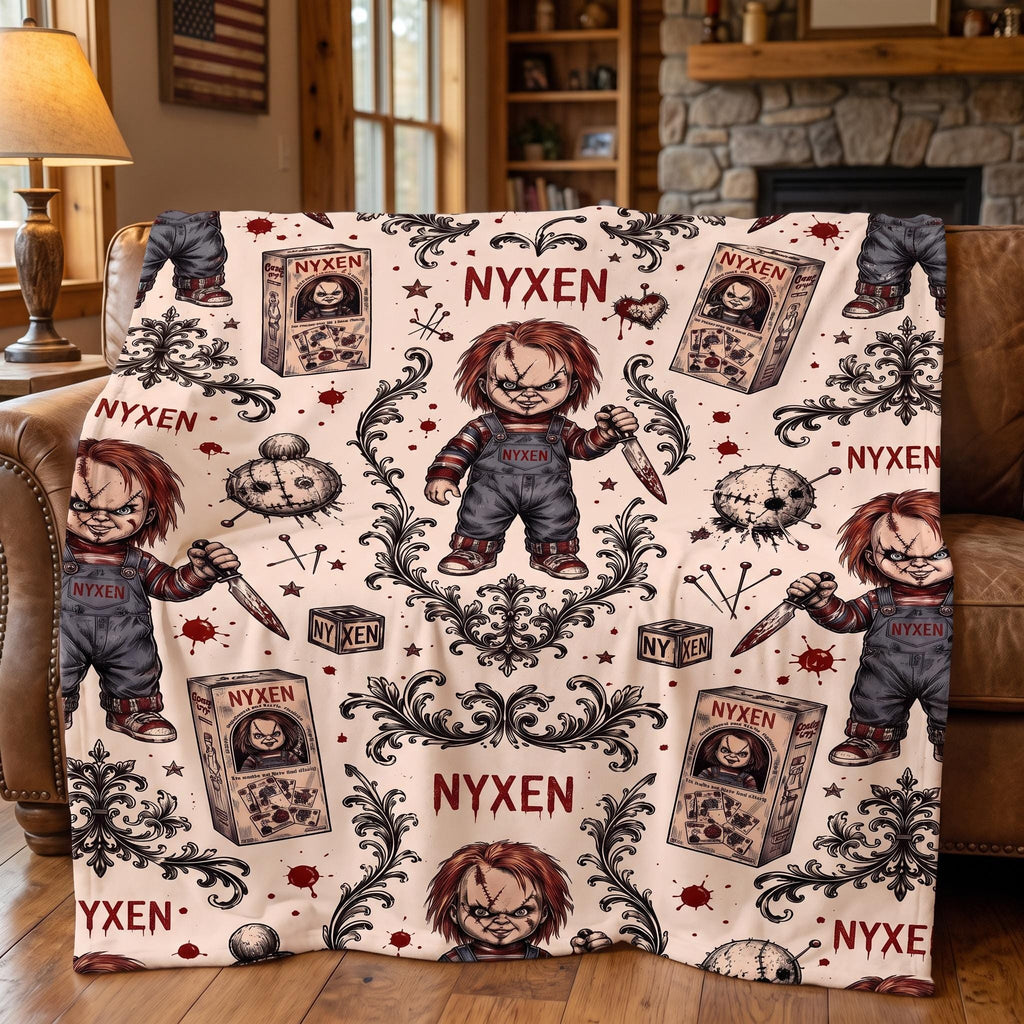 Personalized Creepy Doll Blanket, Custom Name Gothic Horror Throw, Spooky Voodoo Pattern Fleece, Scary Alternative Gift for Goths
