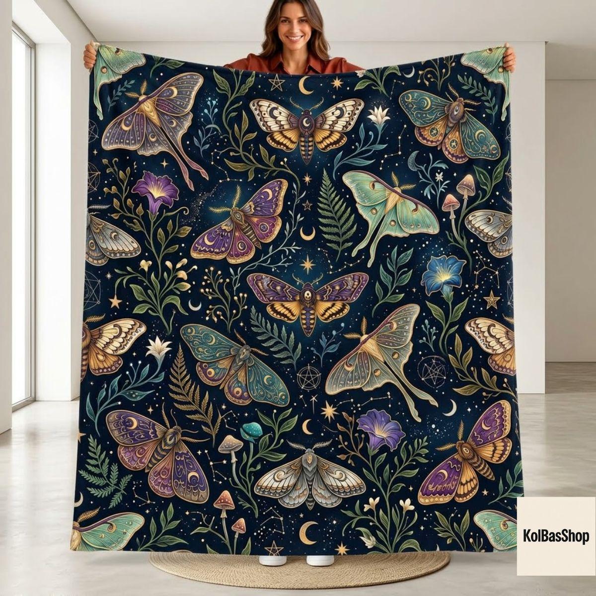 Celestial Moth Blanket, Luna Moth Throw, Moon and Stars Bedding, Witchy Botanical Decor, Gothic Cottagecore Gift for Her