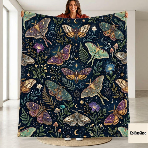 Celestial Moth Blanket, Luna Moth Throw, Moon and Stars Bedding, Witchy Botanical Decor, Gothic Cottagecore Gift for Her