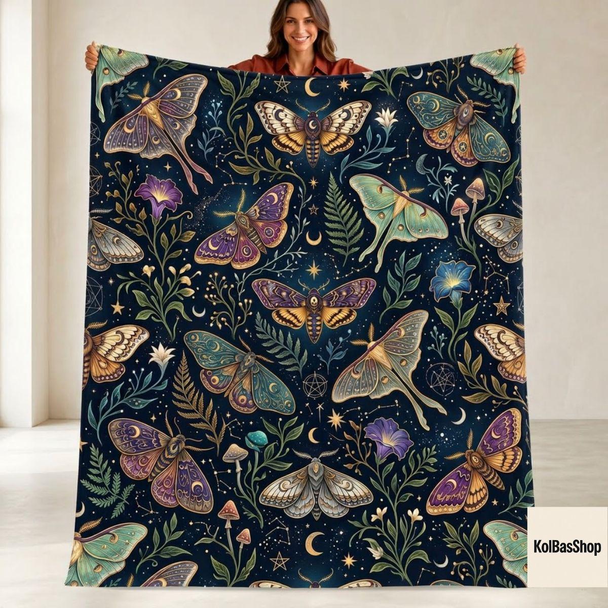 Celestial Moth Blanket, Luna Moth Throw, Moon and Stars Bedding, Witchy Botanical Decor, Gothic Cottagecore Gift for Her