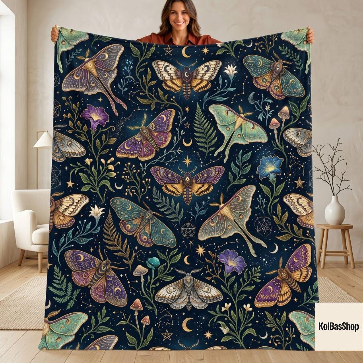 Celestial Moth Blanket, Luna Moth Throw, Moon and Stars Bedding, Witchy Botanical Decor, Gothic Cottagecore Gift for Her