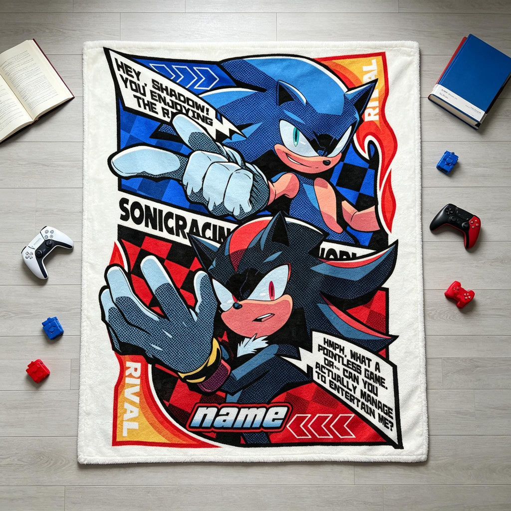 Custom Sonic Shadow Fleece Blanket, Personalized Name Throw Blanket, Sonic Rival Cartoon Blanket, Kids Birthday Gift, Cozy Bed Soft Blanket