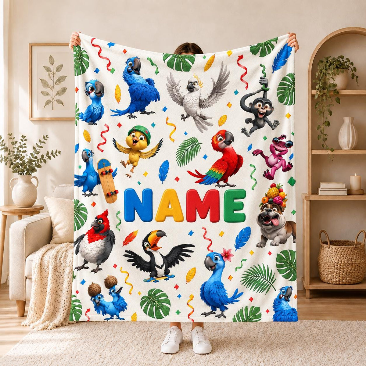 Personalized Jungle Bird Fleece Blanket: Blue Macaw, Toucan, Monkey Party Decor