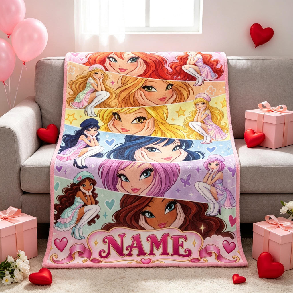 Personalized Winx Club Blanket, Custom Name Fairy Girls Flannel Throw, Bloom and Stella Gift for Kids, Teens and Fans