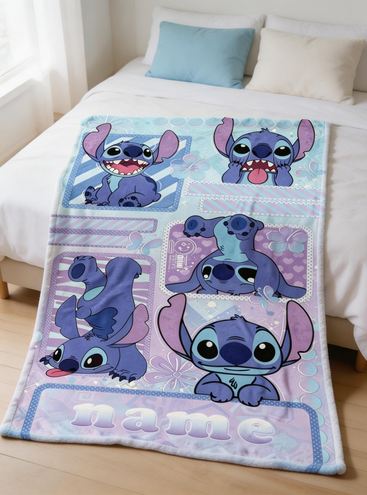 Personalized Stitch Flannel Blanket, Custom Name Pastel Cartoon Throw, Kids Bedroom Gift