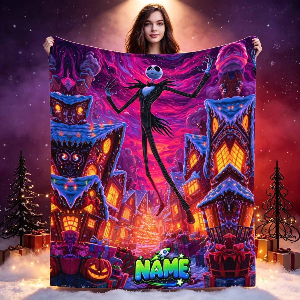 Personalized Spooky Gothic Flannel Blanket, Custom Name Halloween Throw, Soft Skeleton Couple Blanket, Cozy Horror Home Decor Gift