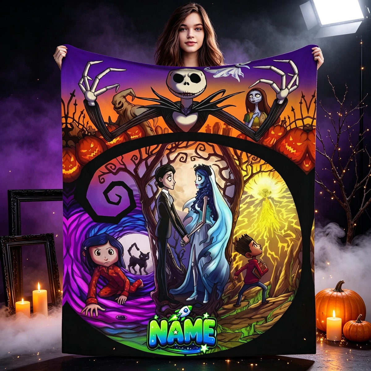 Personalized Gothic Halloween Flannel Blanket, Custom Name Spooky Fantasy Throw, Pumpkin Skeleton Blanket, Dark Cartoon Gift