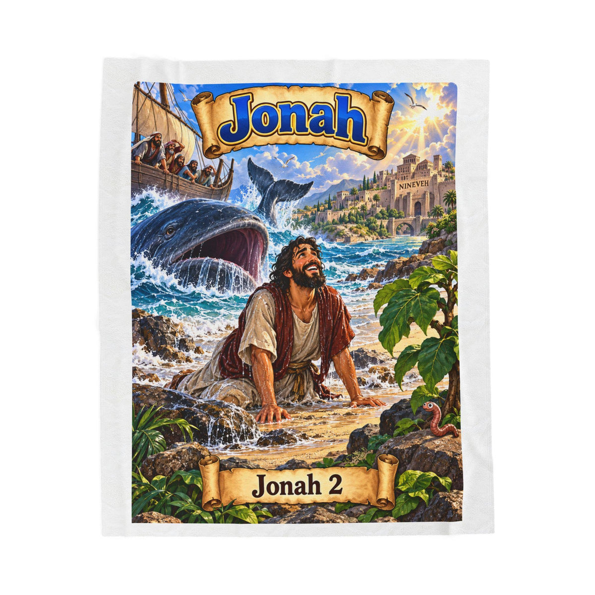 Jonah Bible Story Velveteen Plush Blanket | Jonah 2 Illustration