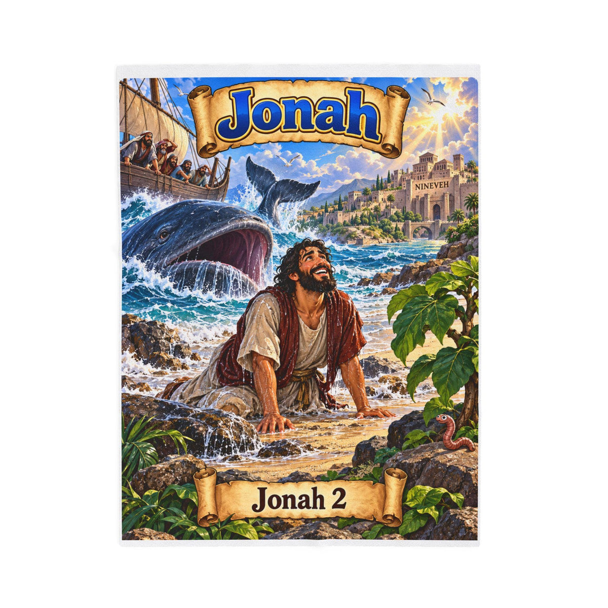 Jonah Bible Story Velveteen Plush Blanket | Jonah 2 Illustration