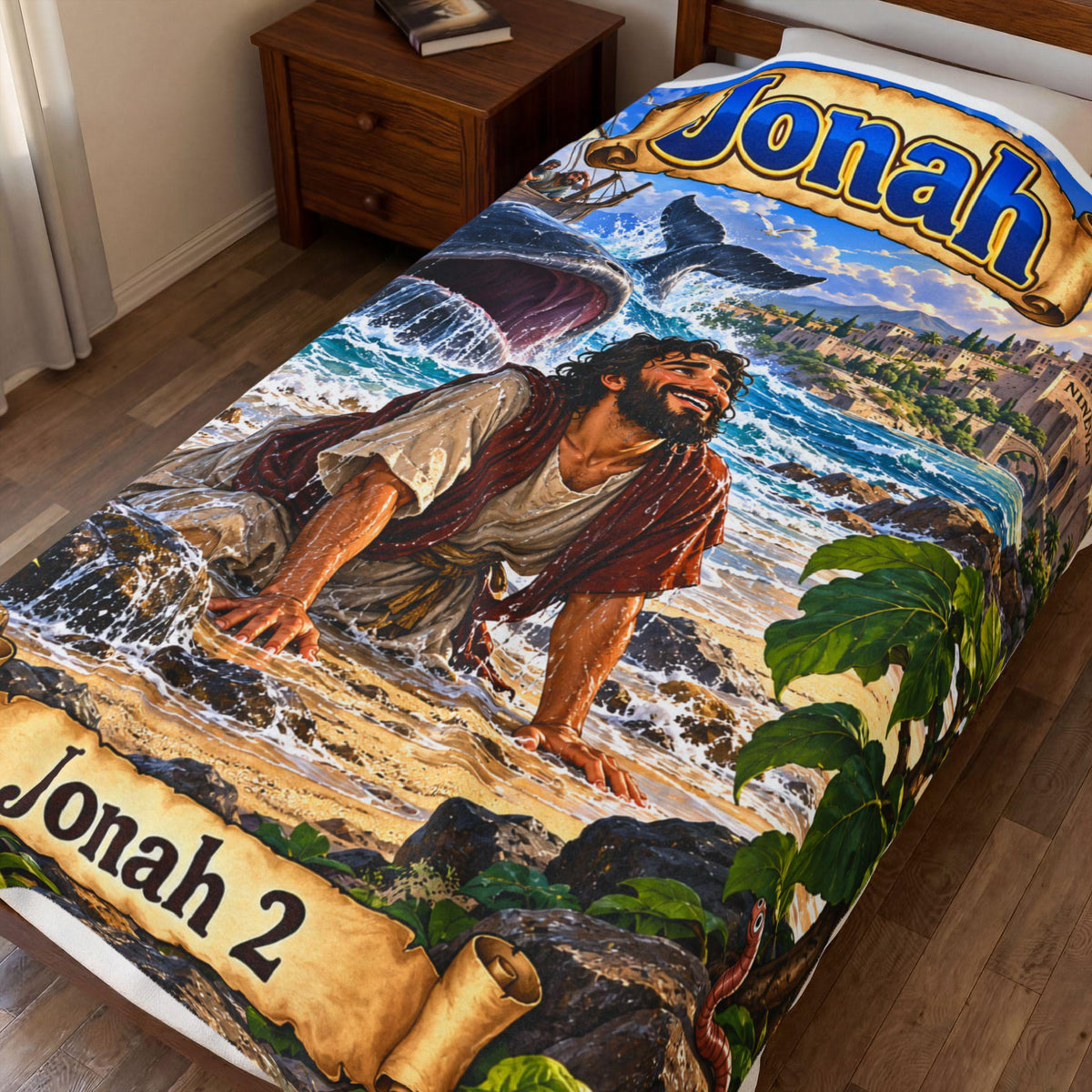 Jonah Bible Story Velveteen Plush Blanket | Jonah 2 Illustration