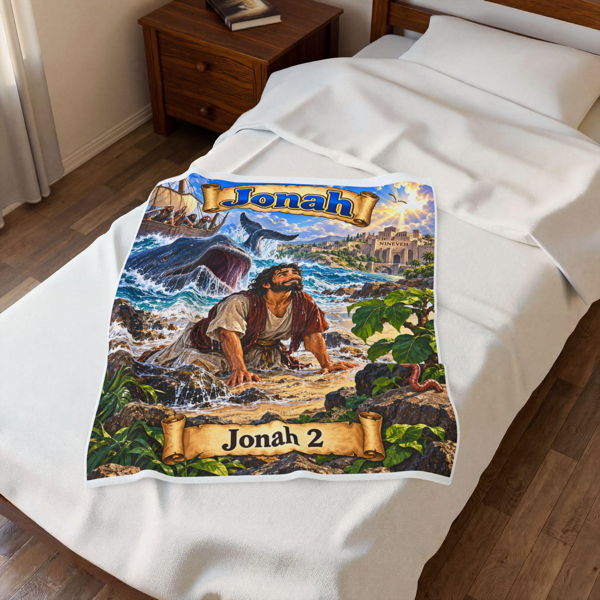 Jonah Bible Story Velveteen Plush Blanket | Jonah 2 Illustration