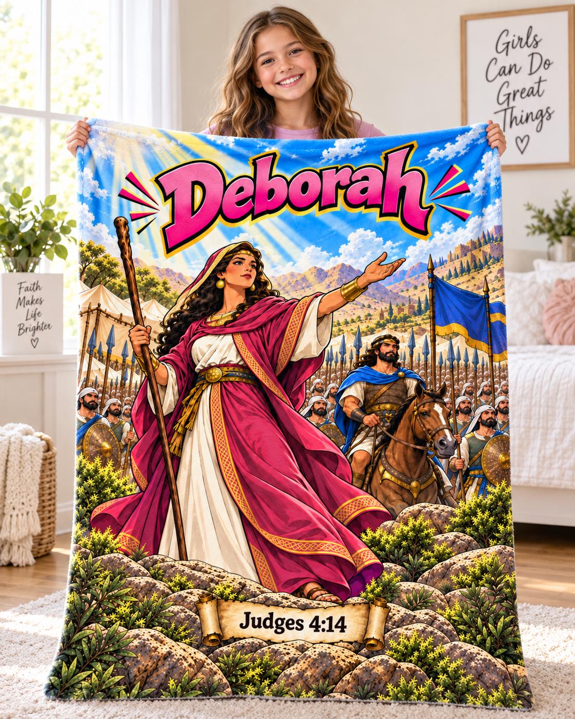 Deborah Bible Hero Blanket | Judges 4:14 Comic-Style Faith Decor