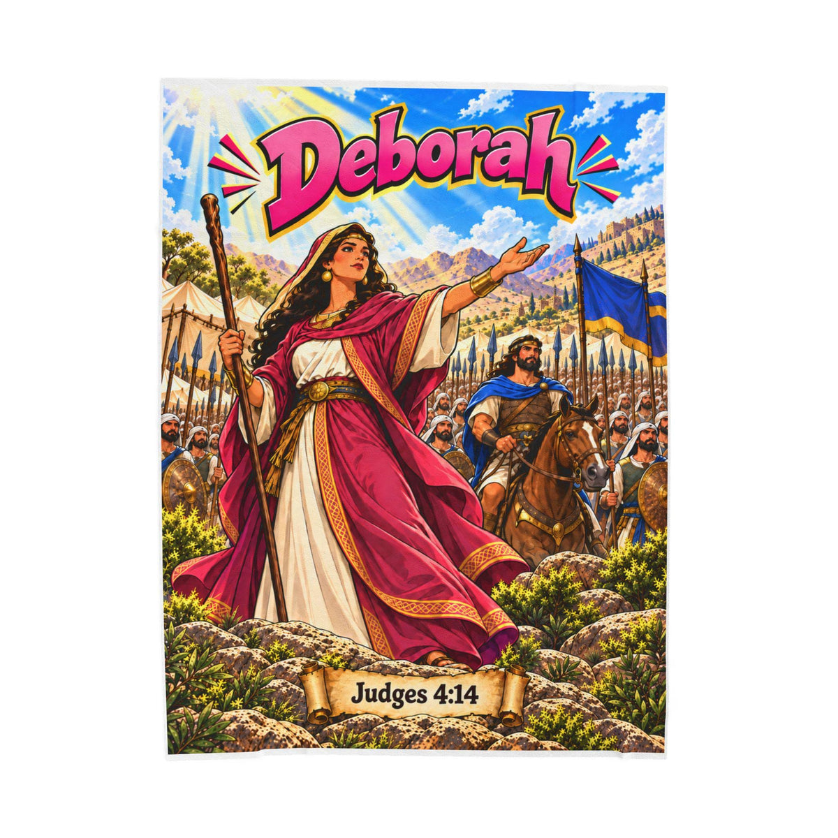 Deborah Bible Hero Blanket | Judges 4:14 Comic-Style Faith Decor