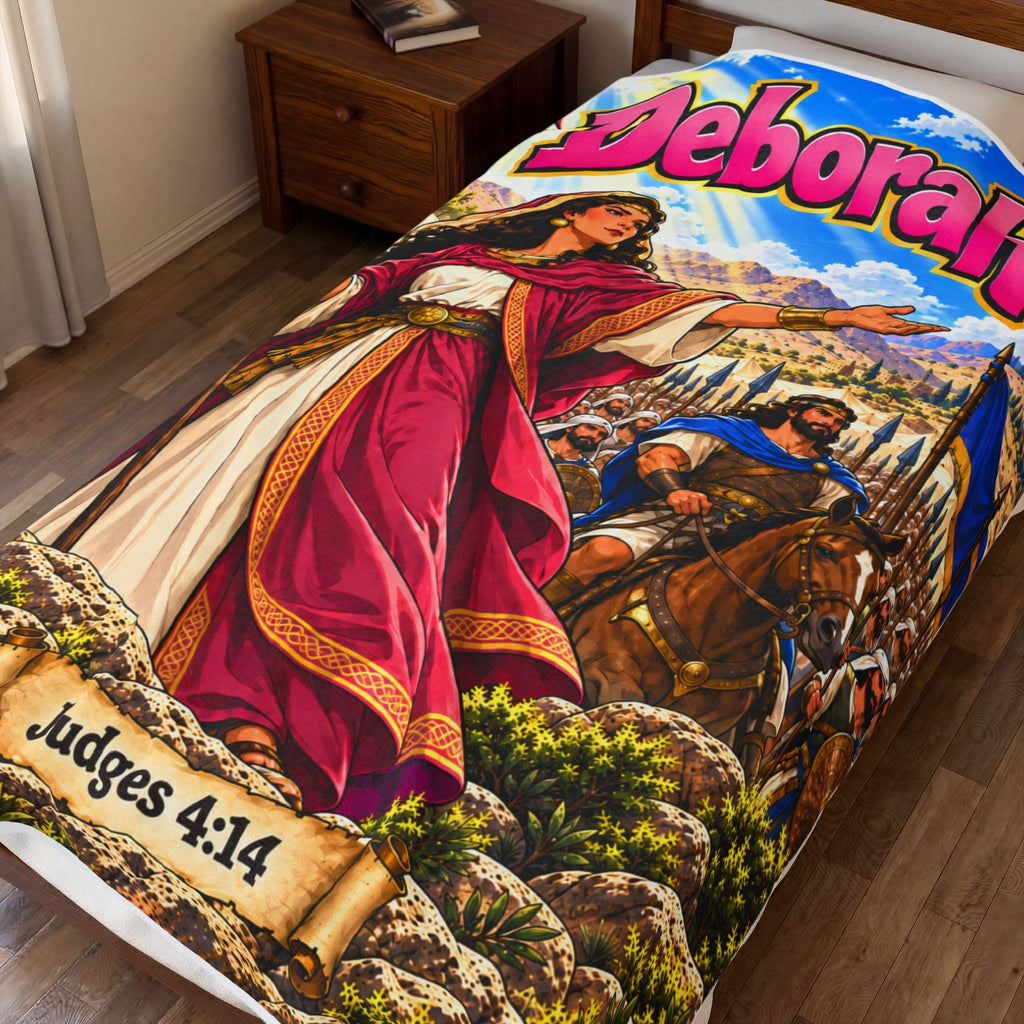 Deborah Bible Hero Blanket | Judges 4:14 Comic-Style Faith Decor