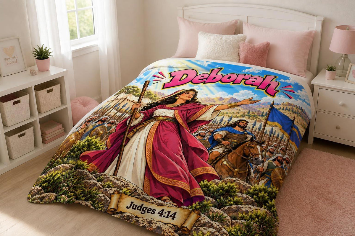 Deborah Bible Hero Blanket | Judges 4:14 Comic-Style Faith Decor