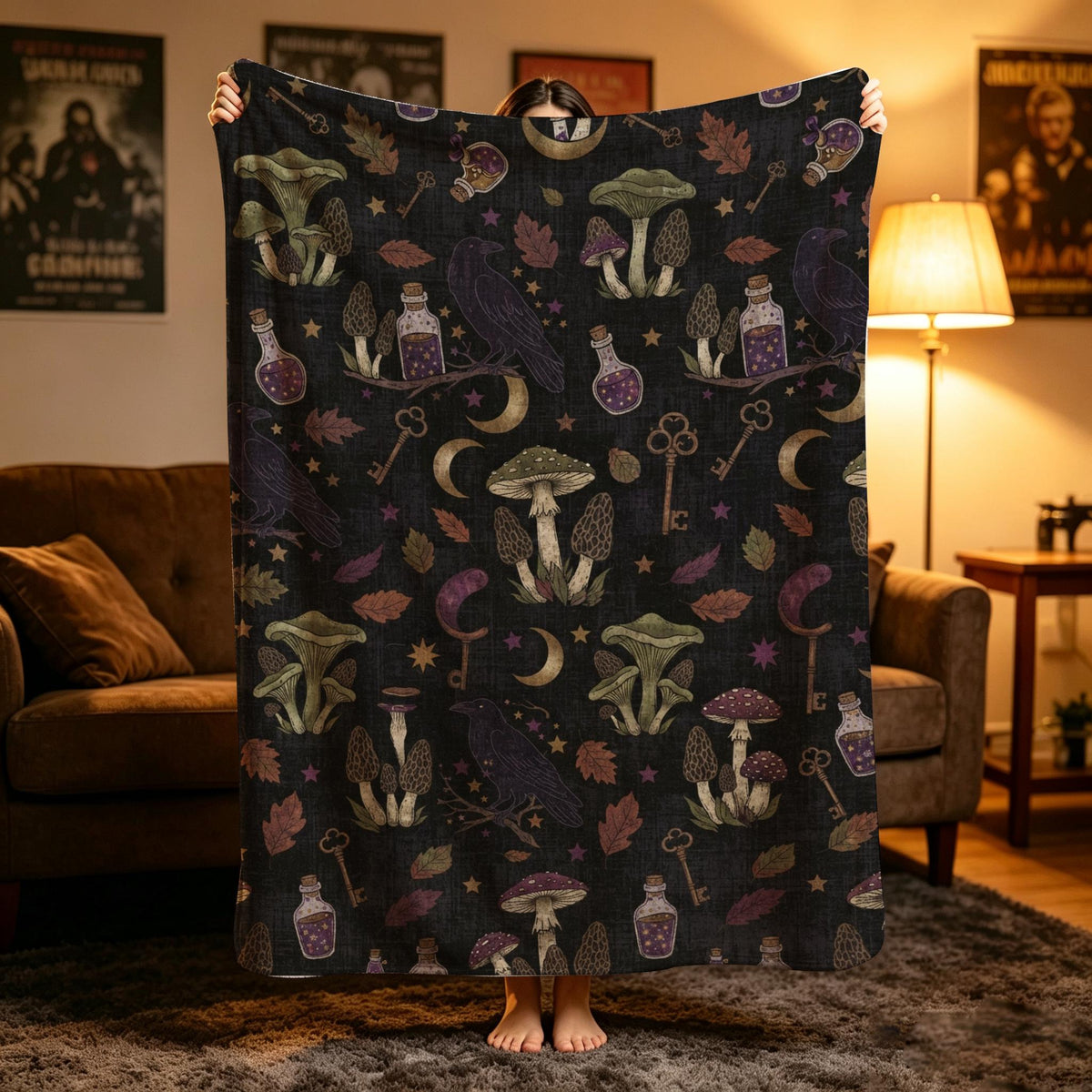 Mushroom Blanket, Witchy Gothic Throw Blanket, Dark Academia Home Decor, Magical Forest Tapestry, Cottagecore Gift, Cozy Fall Blanket