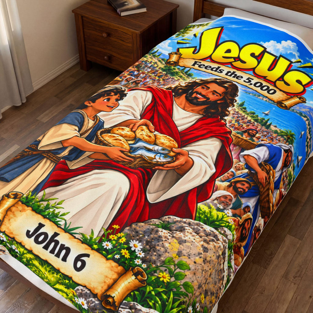 Jesus Feeds the 5,000 Bible Story Blanket, John 6 Miracle, Christian Kids Gift