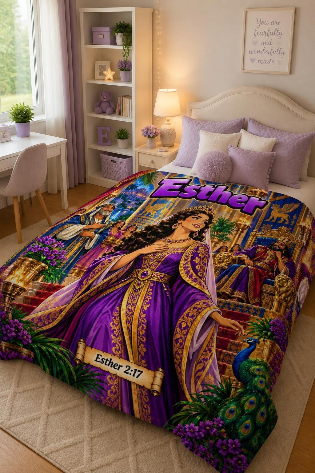 Esther Bible Heroine Blanket | Royal Purple Gown, Comic-Book Style