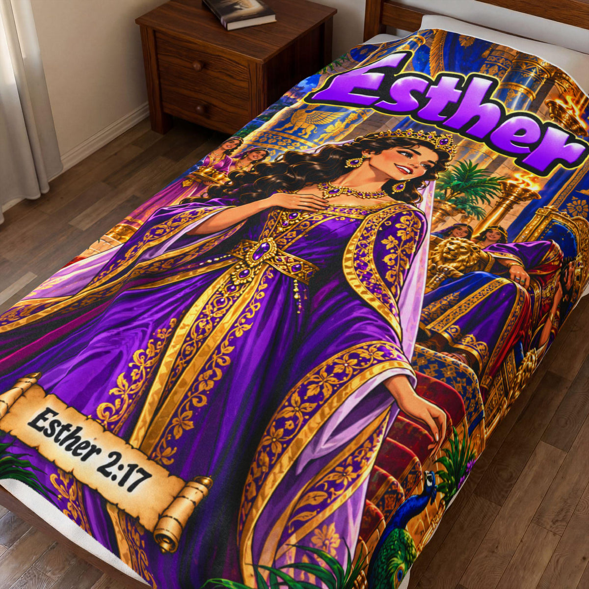 Esther Bible Heroine Blanket | Royal Purple Gown, Comic-Book Style