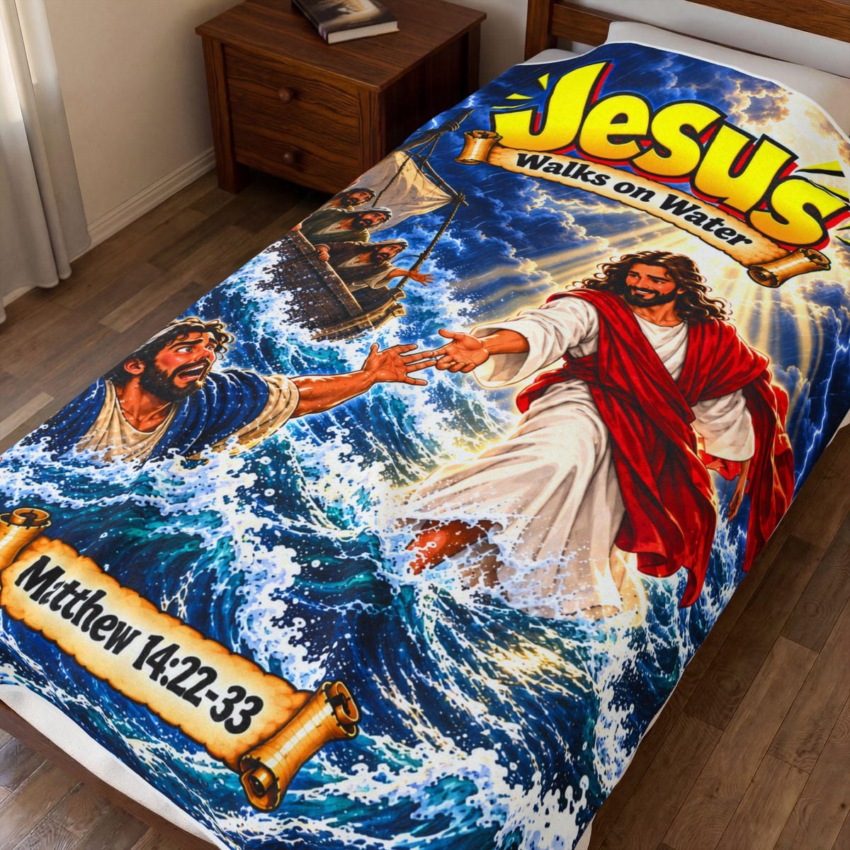 Jesus Walks on Water Blanket | Matthew 14 Bible Story, Comic Style Kids Gift