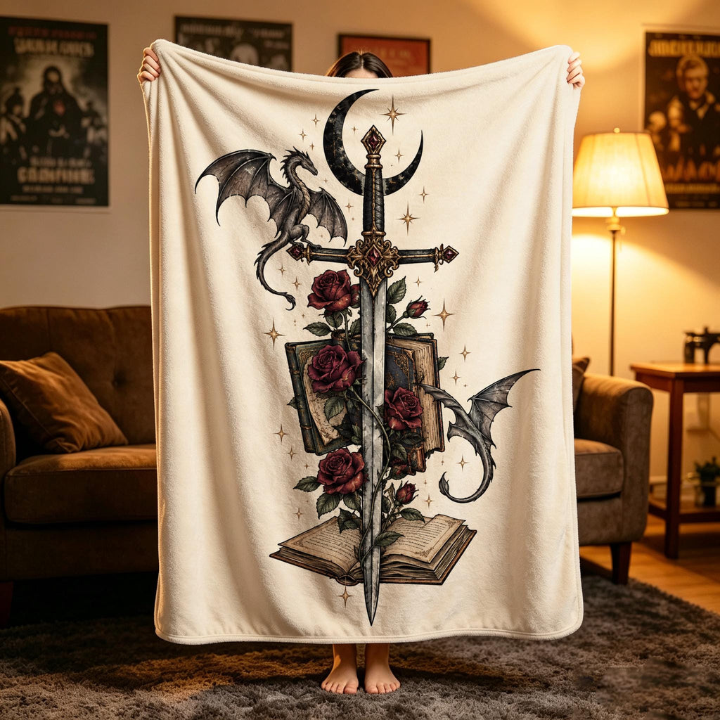 Fourth Wing Dragon Sword Floral Blanket, Dark Academia Throw, Gothic Fantasy Cozy Plush, Bookish Home Decor, Gift for Her, Soft Fall Fleece