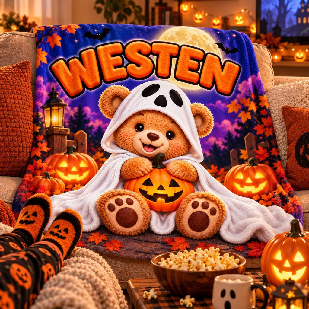Personalized Halloween Bear Blanket, Kids Ghost Pumpkin Throw