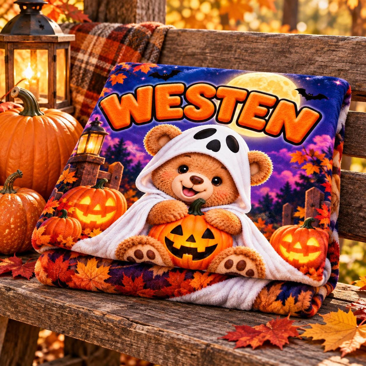 Personalized Halloween Bear Blanket, Kids Ghost Pumpkin Throw