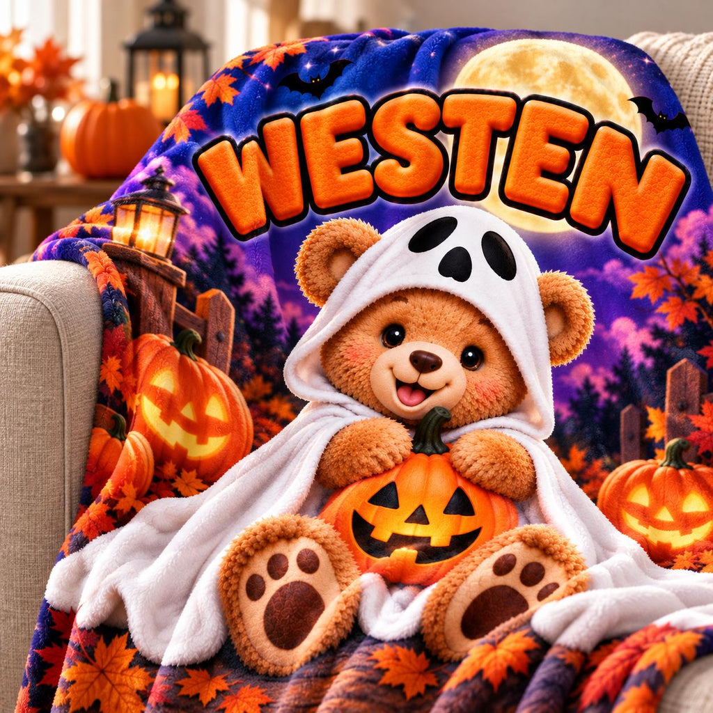 Personalized Halloween Bear Blanket, Kids Ghost Pumpkin Throw