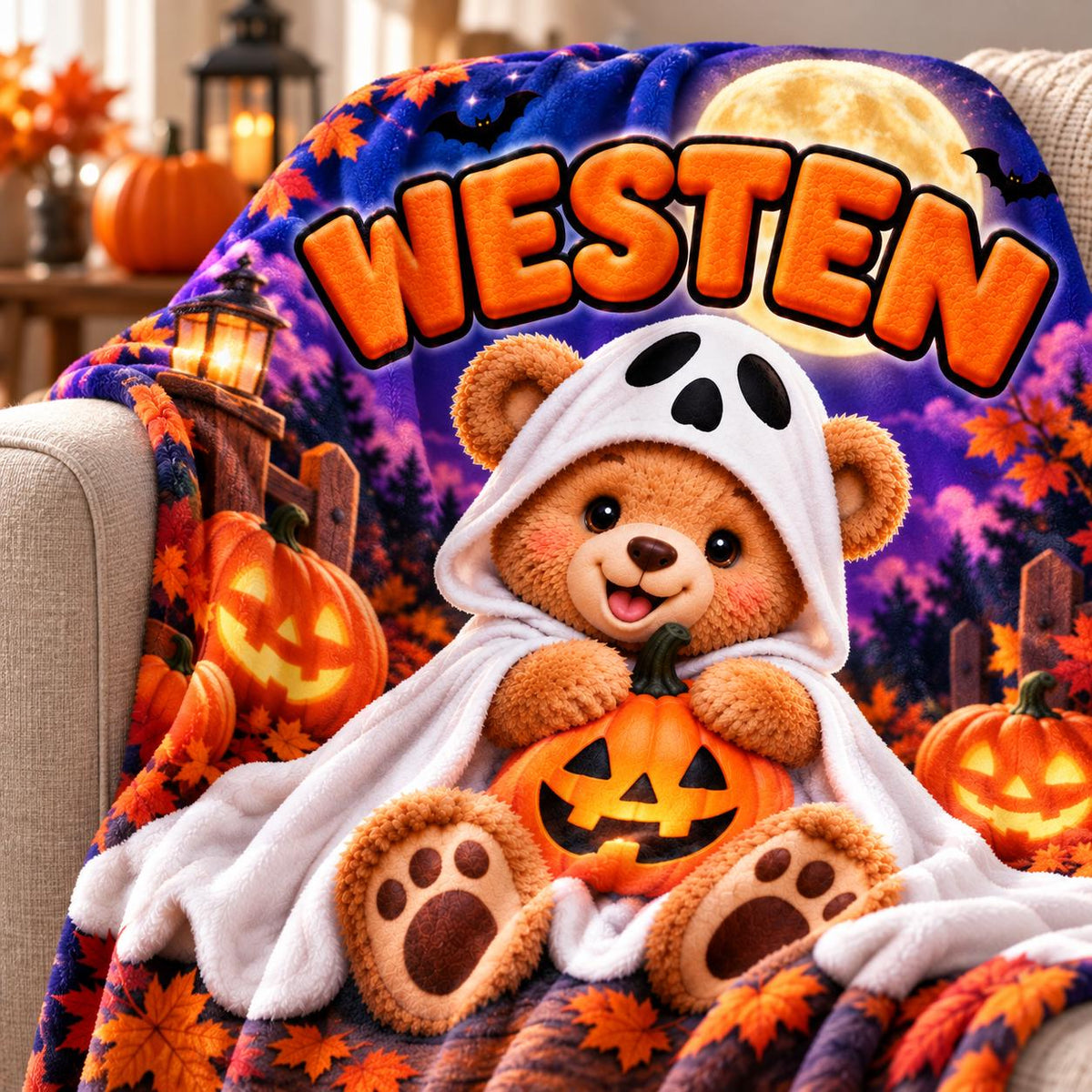Personalized Halloween Bear Blanket, Kids Ghost Pumpkin Throw
