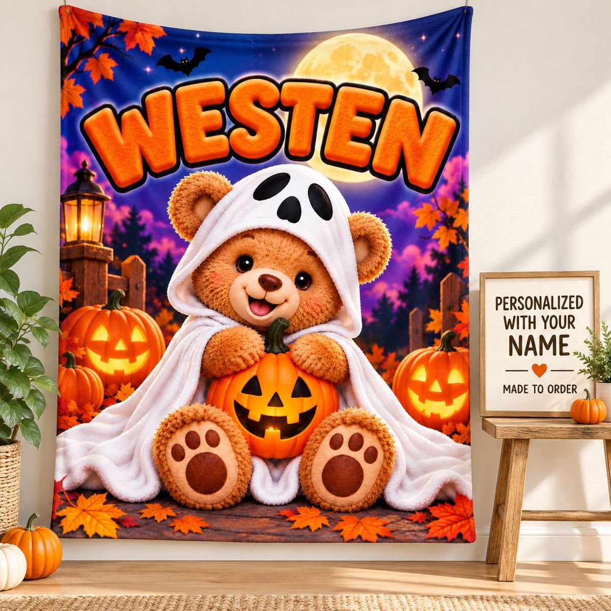Personalized Halloween Bear Blanket, Kids Ghost Pumpkin Throw