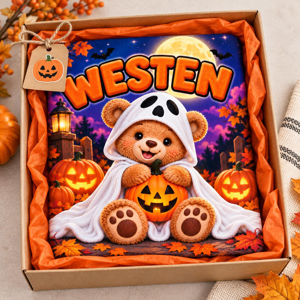Personalized Halloween Bear Blanket, Kids Ghost Pumpkin Throw