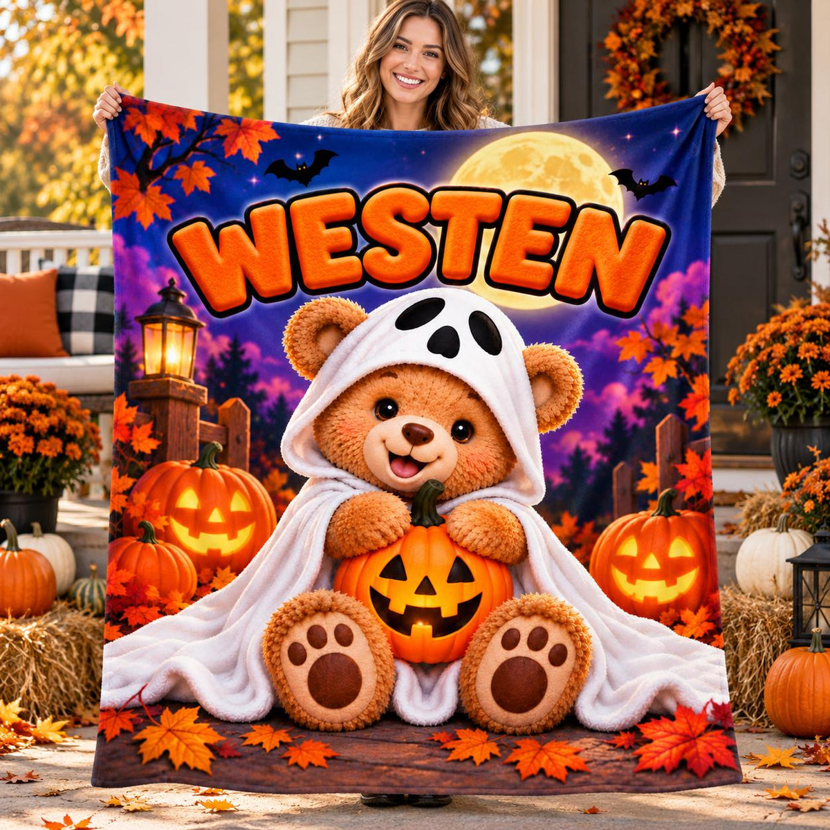 Personalized Halloween Bear Blanket, Kids Ghost Pumpkin Throw