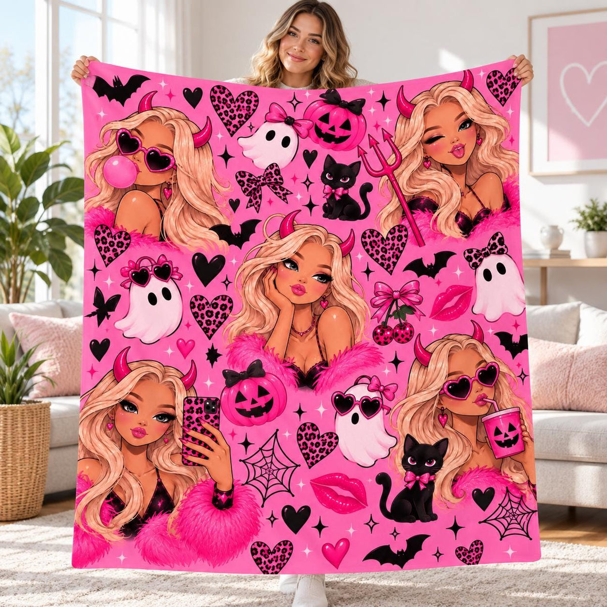 Pink Halloween Blanket, Glam Ghosts, Devils, Cats, Pumpkins