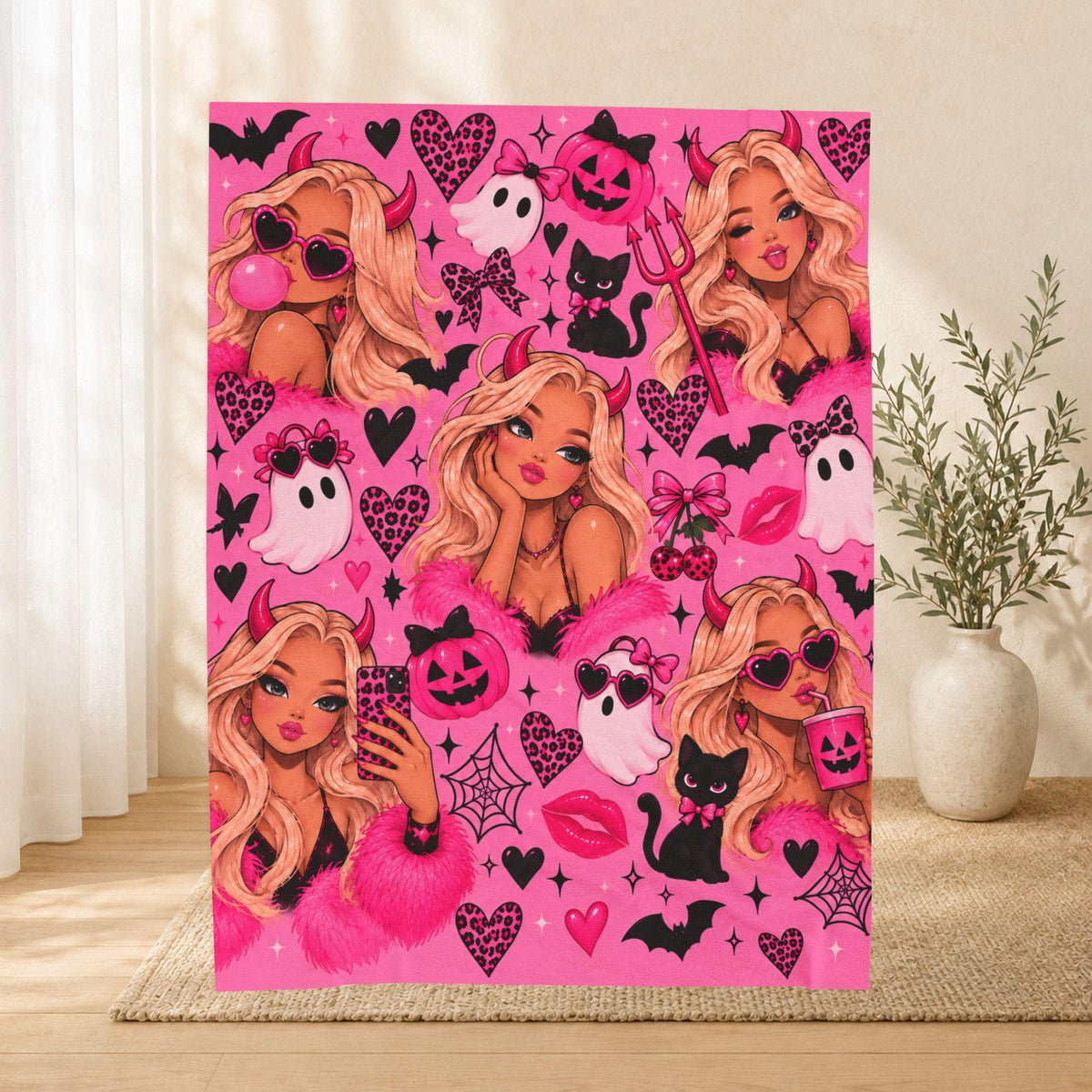 Pink Halloween Blanket, Glam Ghosts, Devils, Cats, Pumpkins