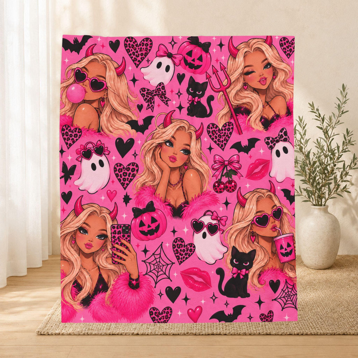 Pink Halloween Blanket, Glam Ghosts, Devils, Cats, Pumpkins